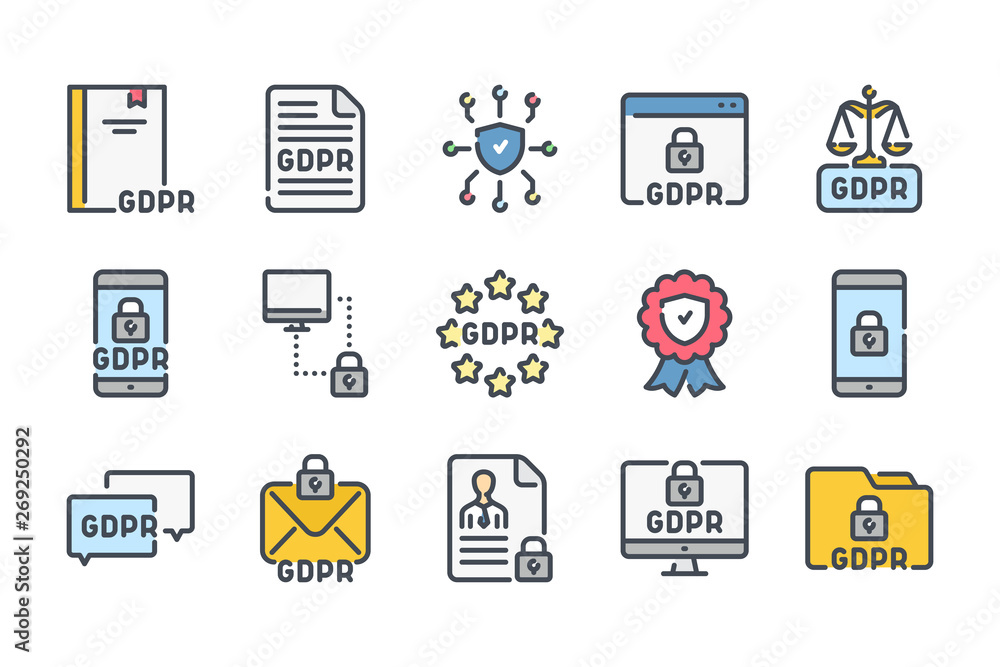Poster general data protection regulation related color line icon set. gdpr colorful linear icons. privacy 