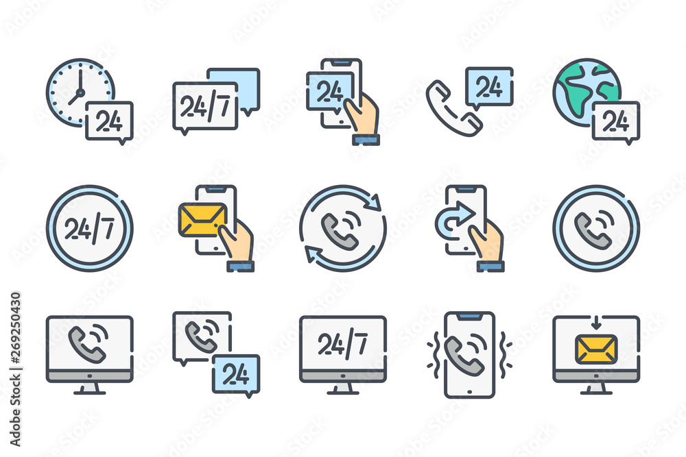 Poster callback related color line icon set. processing colorful linear icons. call support and 24 hour ser
