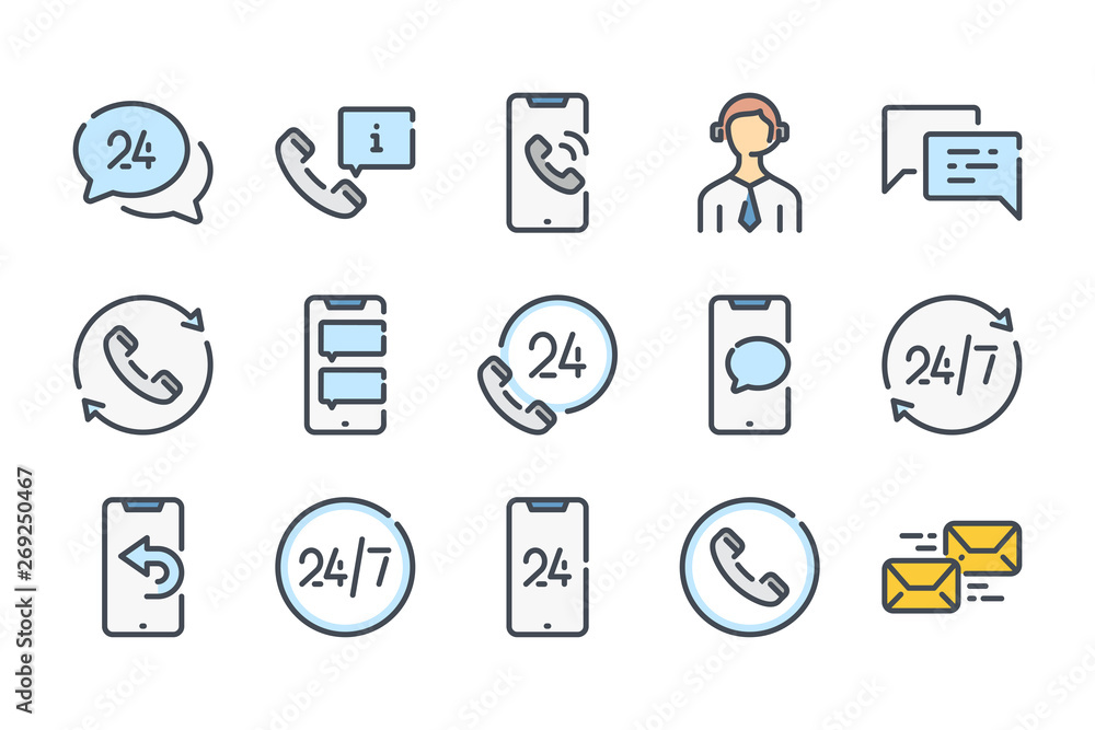 Poster support and call center related color line icon set. telemarketing and sales colorful linear icons. 