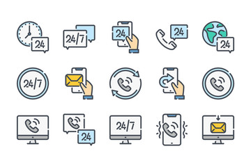Callback related color line icon set. Processing colorful linear icons. Call support and 24 hour service flat color outline vector sign collection.
