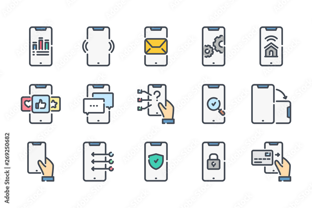 Poster smartphone services related color line icon set. mobile phone colorful linear icons. mobile technolo