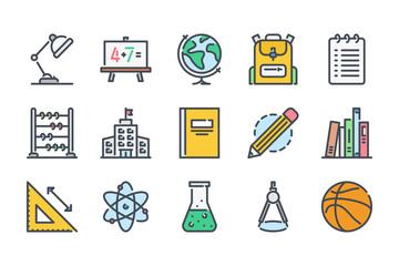 Education related color line icon set. Learning colorful linear icons. School flat color outline vector signs and symbols collection.