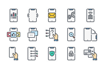 Smartphone services related color line icon set. Mobile phone colorful linear icons. Mobile technology flat color outline vector sign collection.