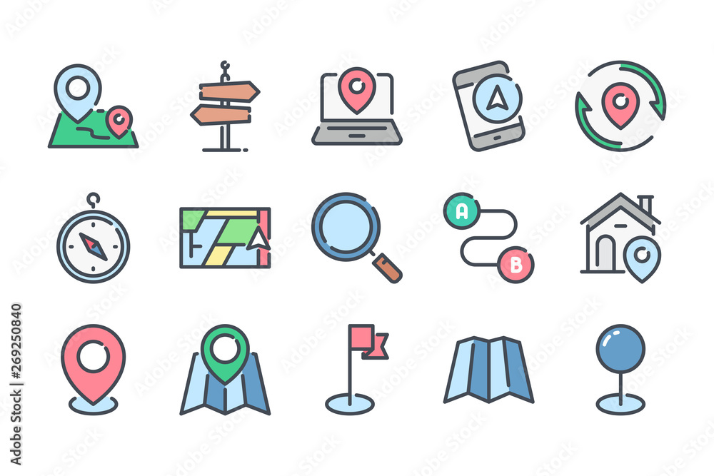 Poster navigation related color line icon set. location and direction colorful linear icons. destination fl