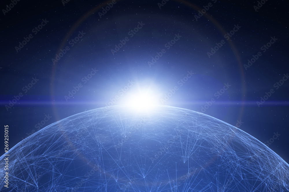 Poster abstract shiny blue colored network sphere 3d copy space illustration background. view from space.