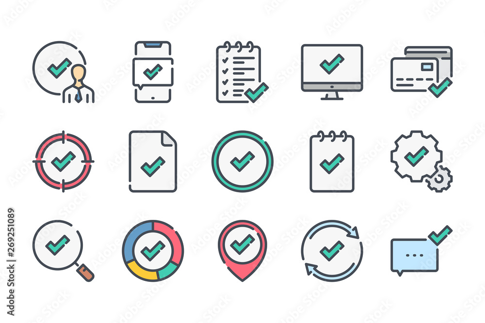Poster approve related color line icon set. agreement and checkmark colorful linear icons. check marks and 