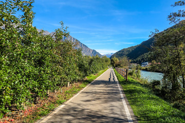 Fototapeta na wymiar Claudia Augusta Cycle Route, with river, apple trees, mountains and blue sky, Italian countryside