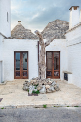 Beautiful town of Alberobello with Trulli houses among green plants and flowers, Apulia region,...
