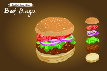 Beef burger with sliced tomatoes, shallots and lettuce illustration isolated on gradient background
