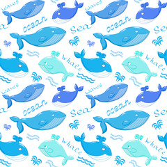 Seamless pattern with cute cartoon whales on white background. Underwater animals. Design for fabric, textile, decor