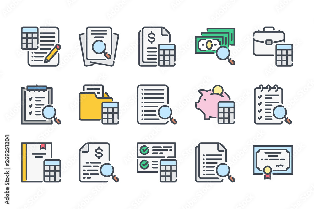 Poster accounting and auditing related color line icon set. calculations colorful linear icons. finance rev