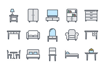 Furniture related color line icon set. Сushioned furniture colorful linear icons. Home furniture flat color outline vector signs and symbols collection.