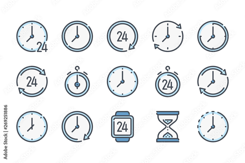 Poster time and clock related color line icon set. watch and timer furniture colorful linear icons. time ma