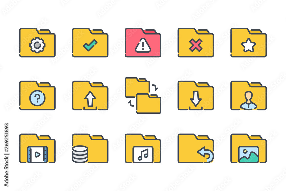 Poster folder related color line icon set. document archive colorful linear icons. file organization flat c