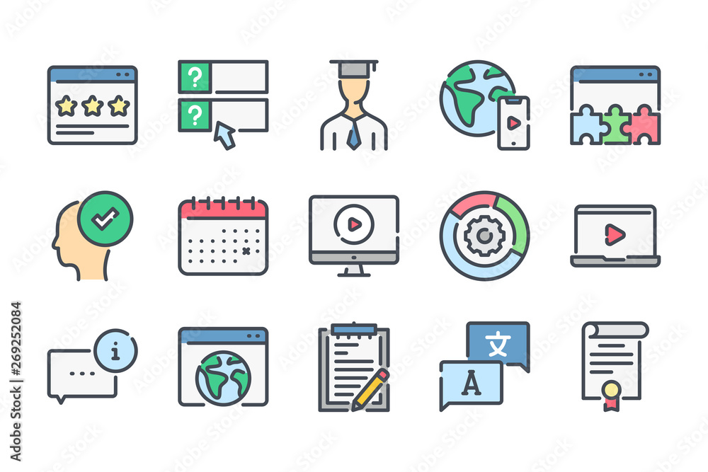 Poster education and e-learning related color line icons. lectire and test, quiz colorful vector icon set.