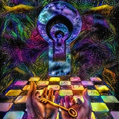 Vivid abstract painting. Unlock Knowledge. Key in human hands. Mystic keyholes and checkered floor