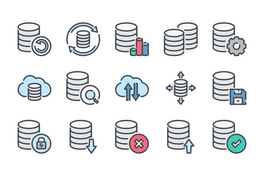 Data storage and database related color line icon set. Backup colorful linear icons. Data transfer and structure flat color outline vector signs and symbols collection.