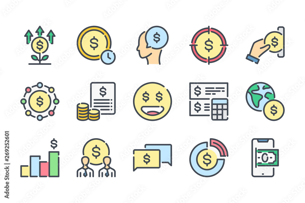 Poster money related color line icon set. finance colorful linear icons. banking flat color outline vector 