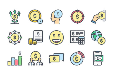 Money related color line icon set. Finance colorful linear icons. Banking flat color outline vector signs and symbols collection.