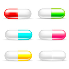 Different colors Medical pills set on a white background