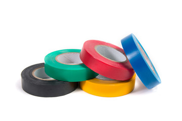 Rolls of colored insulating tape isolated on white background