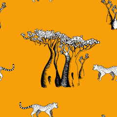 Baobabs, cheetah on yellow backgraund seamless pattern safari style, exotic