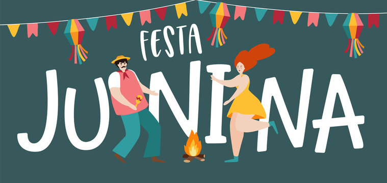 Festa junina, Sao Joao holiday. Brazilian june party greeting card, web banner. Man and woman dancing around fire. Party decoration, bunting flags. Vector illustration background, flat design.