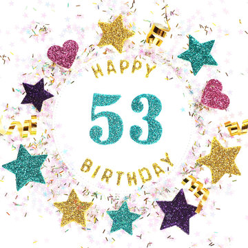 Postcard square format with the inscription "happy 52th birthday", stars, glitter, serpentine..