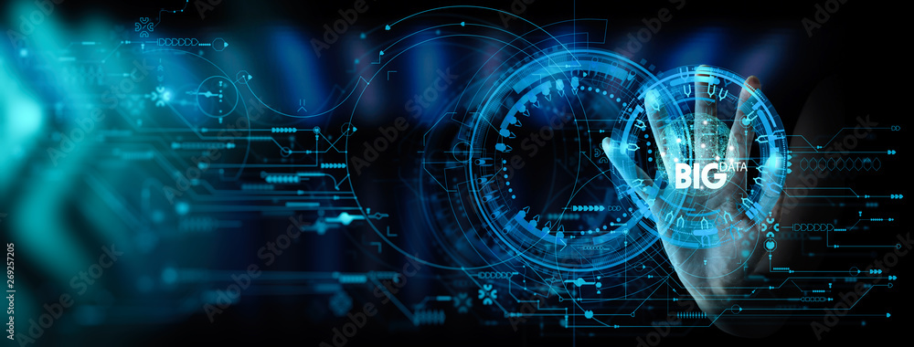 Fototapete Big data world and globe icon ui with hand selecting and pressing Big Data symbol and modern interface.