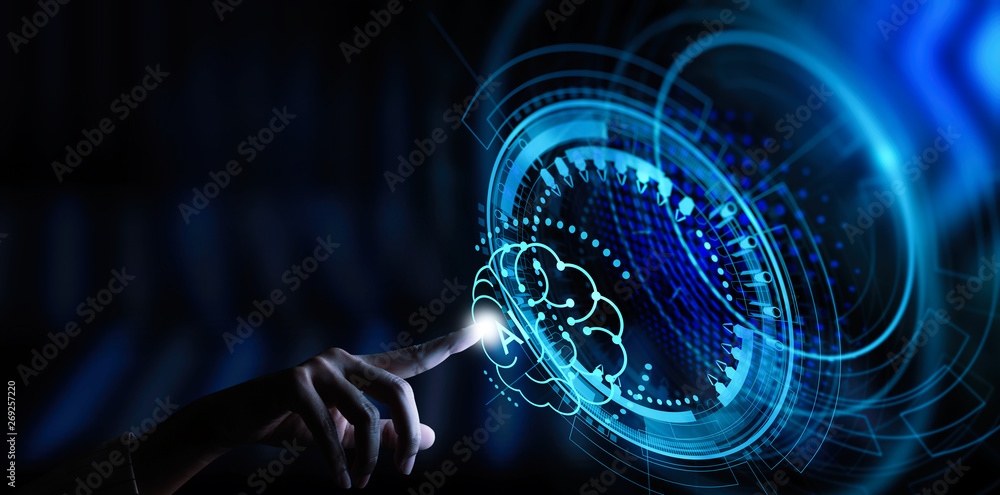 Poster business hand using digital artificial intelligence interface new modern computer.