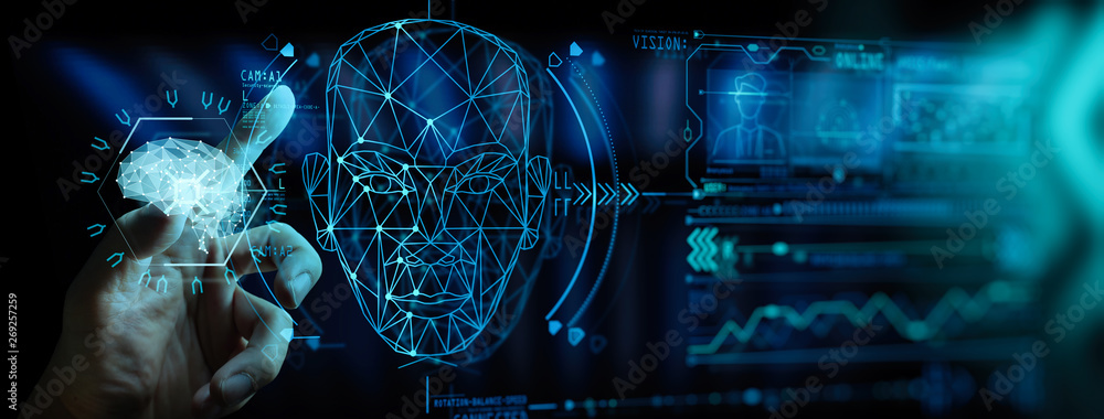 Poster Artificial intelligence (AI) with machine deep learning and data mining and another modern computer technologies UI by hand touching low poly icon.