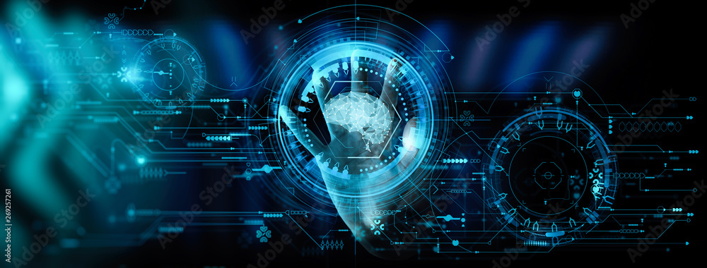 Poster Artificial intelligence (AI) with machine deep learning and data mining and another modern computer technologies UI by hand touching low poly icon.