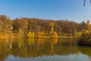 Fototapeta na wymiar MOSCOW, RUSSIA - October 18, 2018: Panoramic view to the pond in Tsaritsyno park
