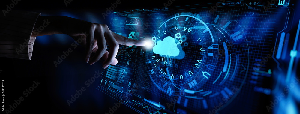 Poster Hand pushing icon Ui of Cloud Computing Technology Internet Storage Network Concept
