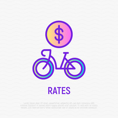 Bike rental rates thin line icon: bicycle and dollar sign. Modern vector illustration, logo for transport service.