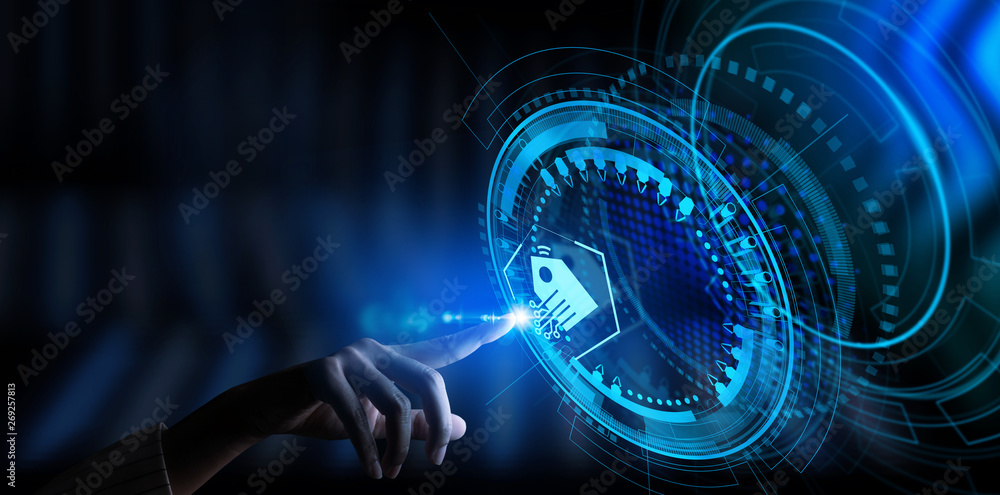 Poster Hand pushing Smart home Automation Control System Ui with Innovation technology internet Network Concept.
