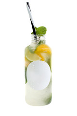 Summer lemonade bottles with lemon, strawberry. orange, cucumber, pomegranate, grapefruit .mint beverage cocktail isolated on white background