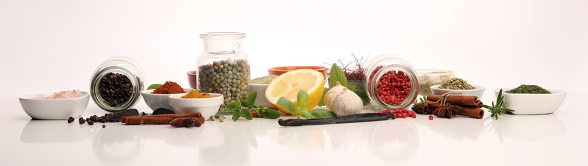 Spices and herbs on table. Food and cuisine ingredients with basil
