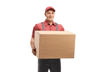Delivery man holding a cardboard box