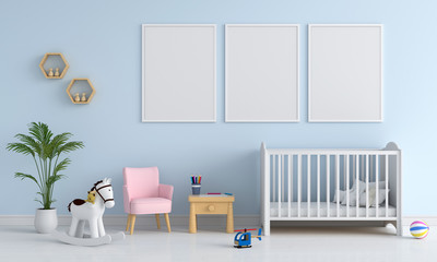 Three blank photo frame for mockup in child room, 3D rendering