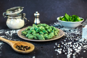 Green dumplings with spinach, healthy nutritious cuisine