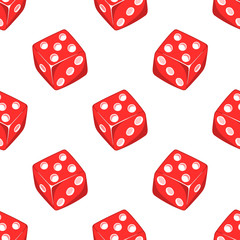 Dice, gaming, casino seamless pattern with red cubes isolated on white background. Gambling wallpaper.