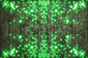 Obraz premium Green matrix digital background. Abstract cyberspace concept. Characters fall down. Matrix from symbols stream. Virtual reality design. Complex algorithm data hacking. Green digital sparks.