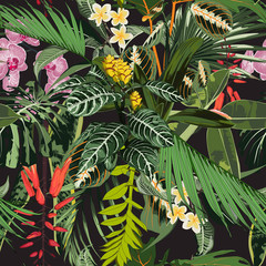 Naklejki  Wzór z tropikalnych liści i różnego rodzaju kwiatów. Jasnozielone liście monstera palmowego na czarnym tle. Tropikalna ilustracja.