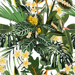 Obrazy na Szkle  Wzór z tropikalnych liści i różnego rodzaju kwiatów. Jasnozielone liście monstera palmy na białym tle.