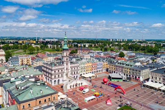 Drone view on Zamosc old town and city main square with town hall