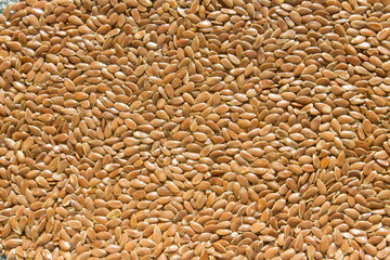 background of shiny brown dry raw flax seeds