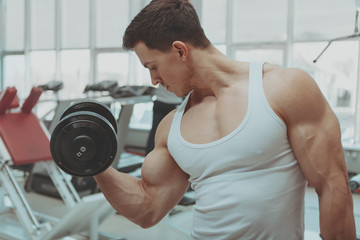 Fototapeta na wymiar Young muscular ale bodybuilder pumping iron at the gym. Handsome sportsman with strong toned body working out with heavy dumbbell