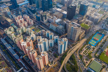 Drone fly over Hong Kong city