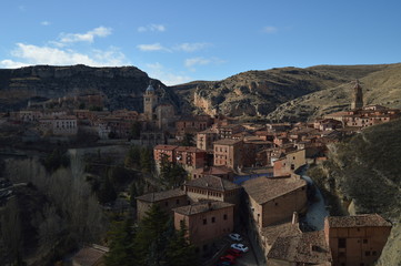 Fototapeta na wymiar December 28, 2013. Albarracin, Teruel, Aragon, Spain. Medieval Villa Albarracin With The Cathedral In The Background Seen From The Castle. History, Travel, Nature, Landscape, Vacation, Architecture.